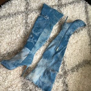 Thigh high open toe denim boots